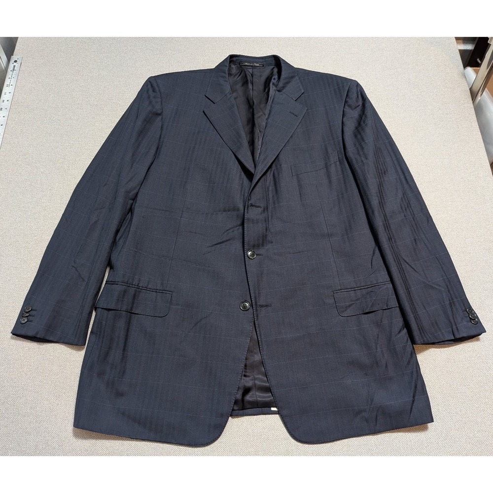 Ermenegildo Zegna Men's Blazer 48L Navy Wool Windowpane 3-Button Made in Italy
